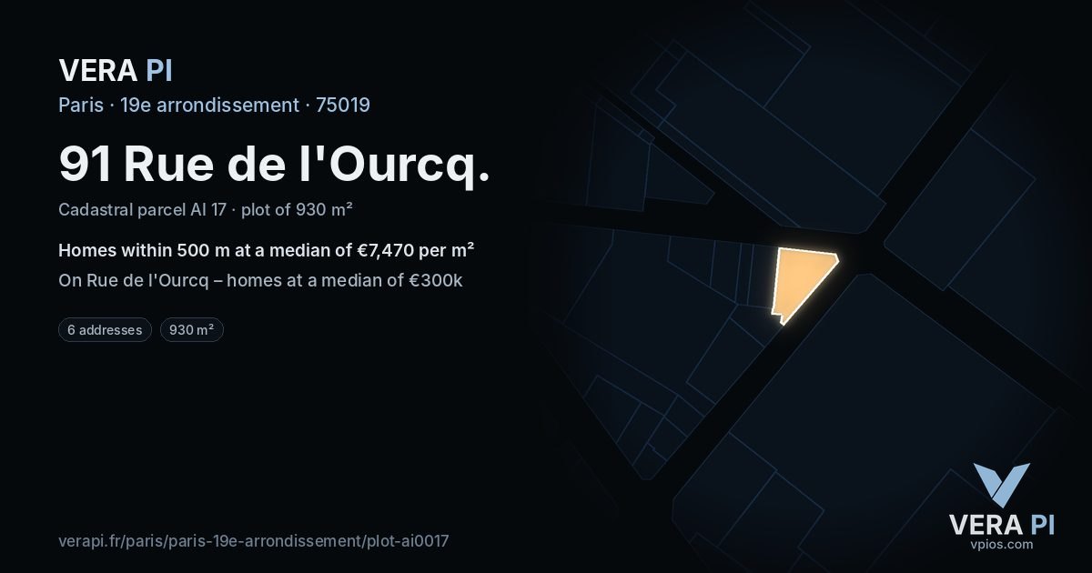 91 Rue de l'Ourcq, 19e arrondissement at night – the plot lit, the parcels around coloured by the prices near them