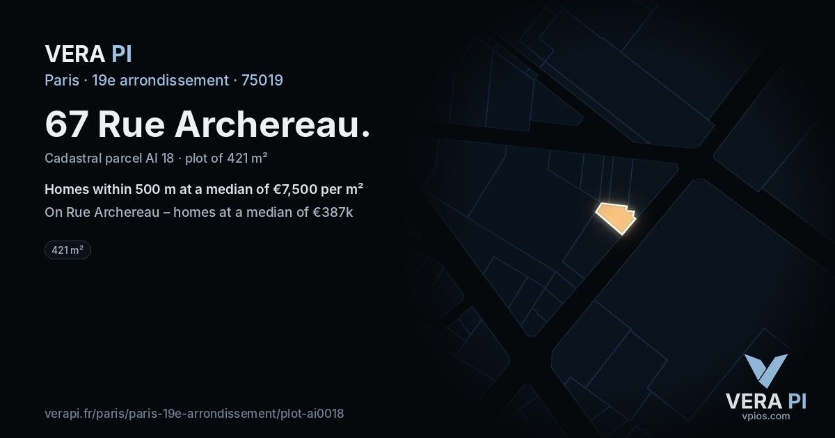 67 Rue Archereau, 19e arrondissement at night – the plot lit, the parcels around coloured by the prices near them
