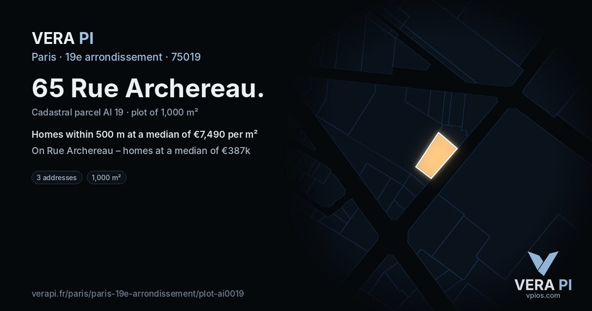 65 Rue Archereau, 19e arrondissement at night – the plot lit, the parcels around coloured by the prices near them