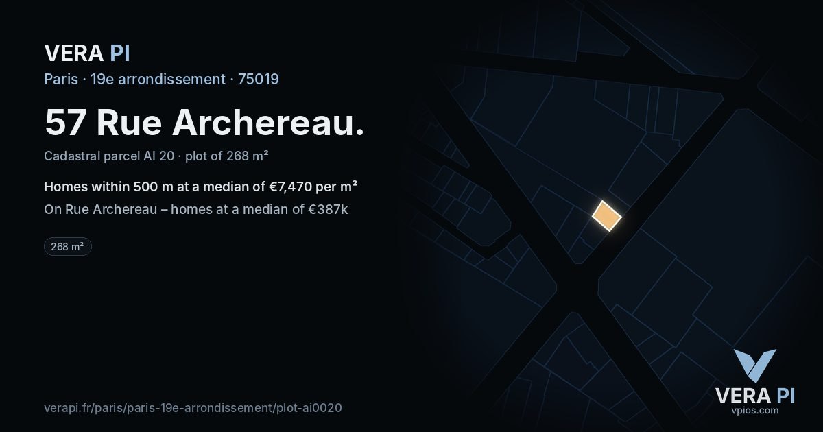 57 Rue Archereau, 19e arrondissement at night – the plot lit, the parcels around coloured by the prices near them