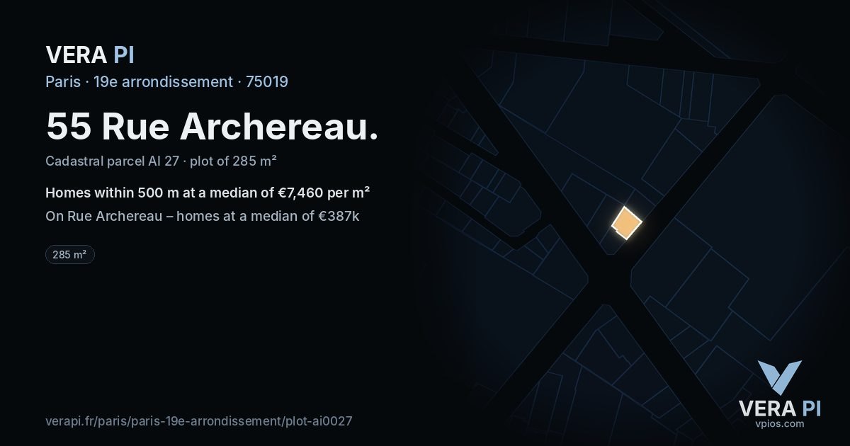 55 Rue Archereau, 19e arrondissement at night – the plot lit, the parcels around coloured by the prices near them