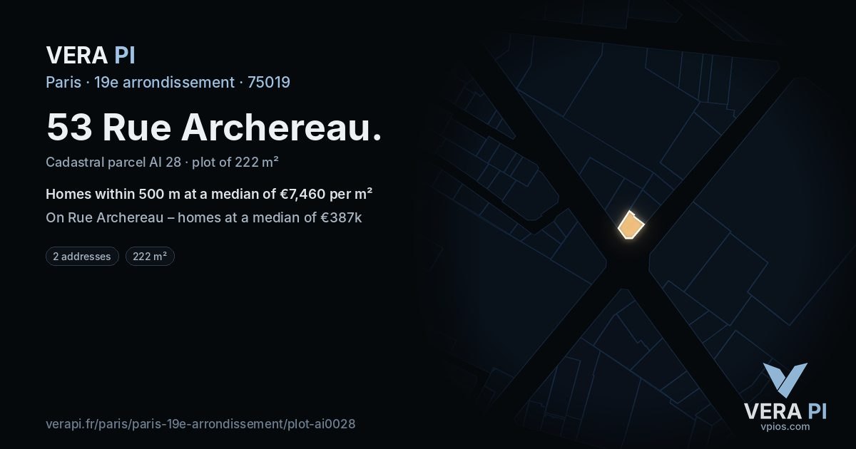 53 Rue Archereau, 19e arrondissement at night – the plot lit, the parcels around coloured by the prices near them