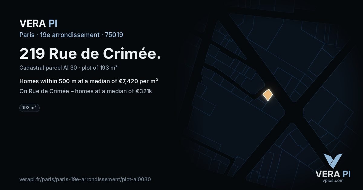 219 Rue de Crimée, 19e arrondissement at night – the plot lit, the parcels around coloured by the prices near them
