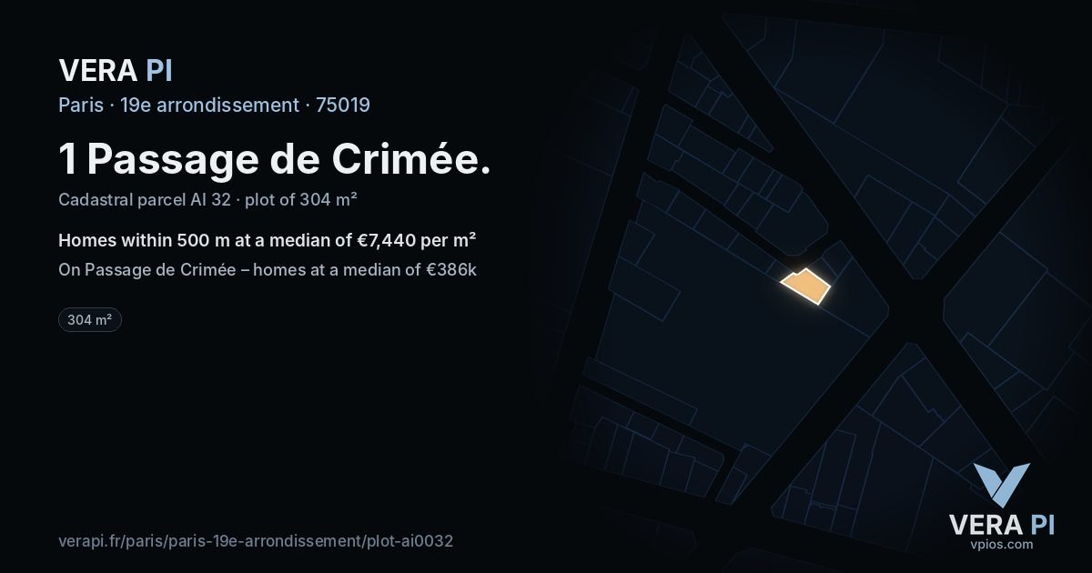1 Passage de Crimée, 19e arrondissement at night – the plot lit, the parcels around coloured by the prices near them
