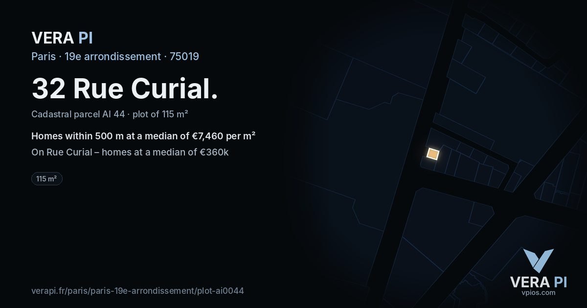 32 Rue Curial, 19e arrondissement at night – the plot lit, the parcels around coloured by the prices near them