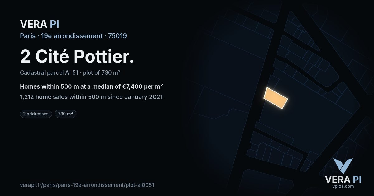 2 Cité Pottier, 19e arrondissement at night – the plot lit, the parcels around coloured by the prices near them