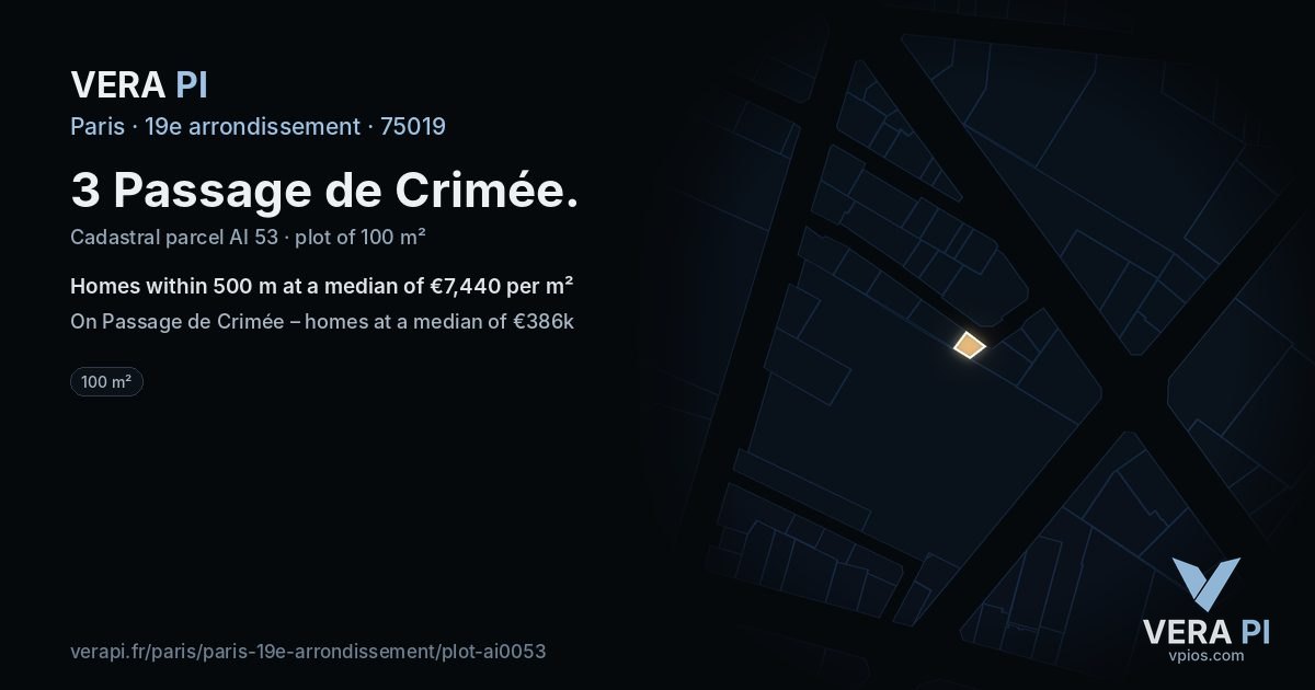 3 Passage de Crimée, 19e arrondissement at night – the plot lit, the parcels around coloured by the prices near them