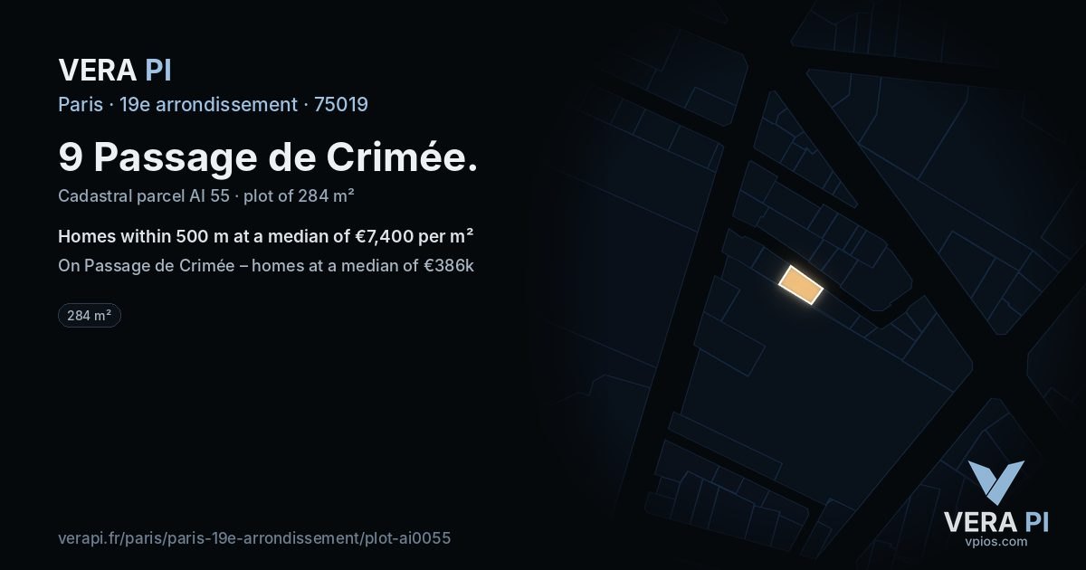 9 Passage de Crimée, 19e arrondissement at night – the plot lit, the parcels around coloured by the prices near them