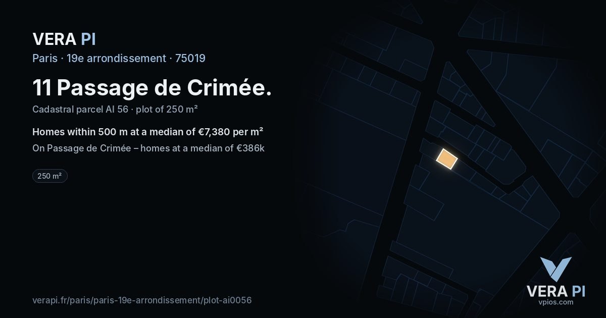 11 Passage de Crimée, 19e arrondissement at night – the plot lit, the parcels around coloured by the prices near them