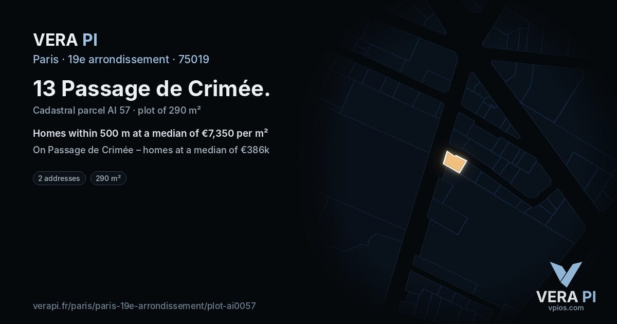 13 Passage de Crimée, 19e arrondissement at night – the plot lit, the parcels around coloured by the prices near them