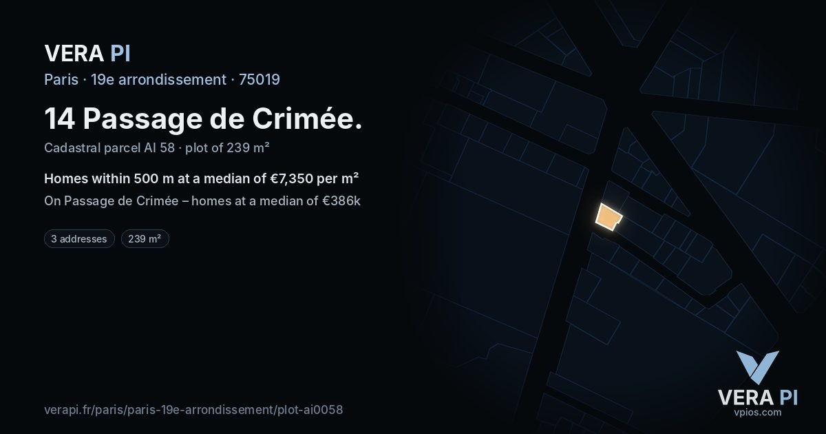 14 Passage de Crimée, 19e arrondissement at night – the plot lit, the parcels around coloured by the prices near them