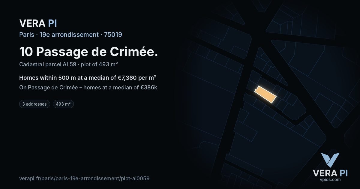 10 Passage de Crimée, 19e arrondissement at night – the plot lit, the parcels around coloured by the prices near them