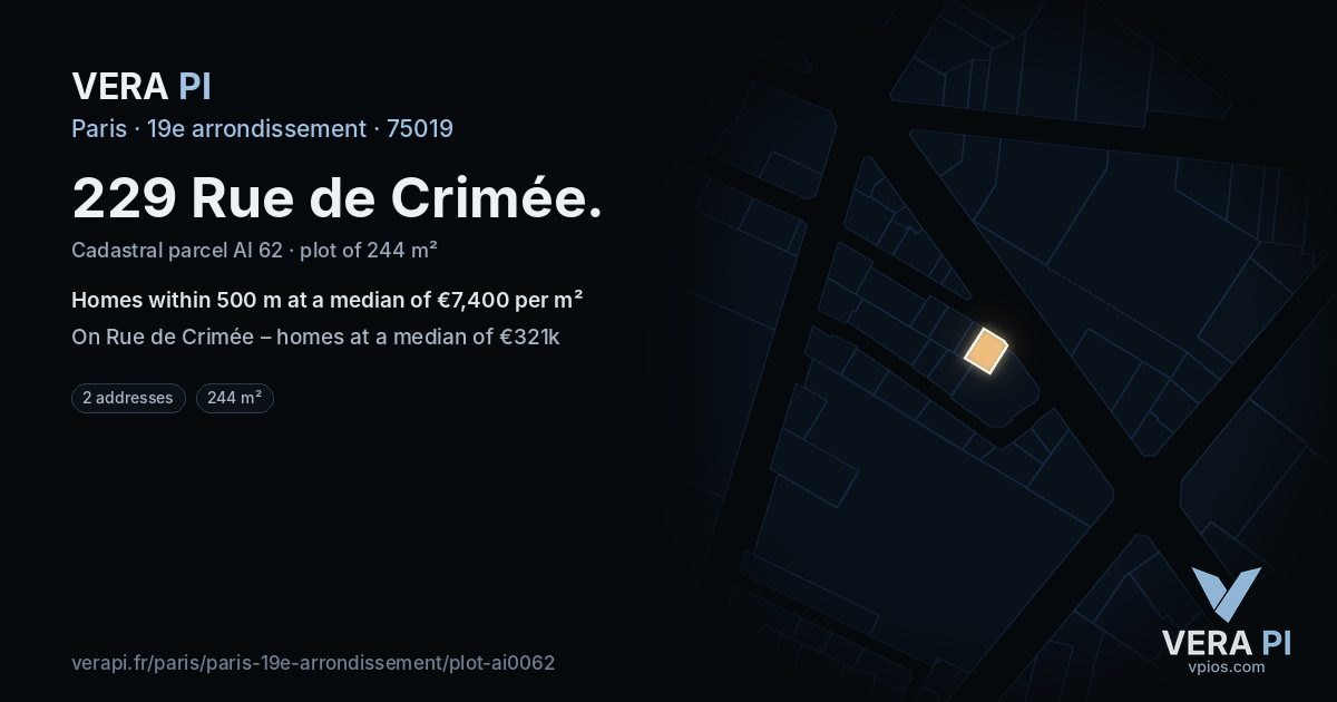 229 Rue de Crimée, 19e arrondissement at night – the plot lit, the parcels around coloured by the prices near them