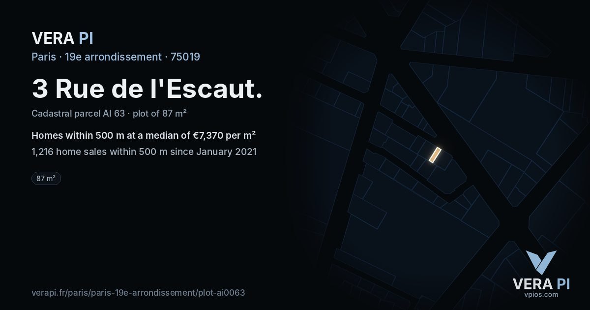 3 Rue de l'Escaut, 19e arrondissement at night – the plot lit, the parcels around coloured by the prices near them