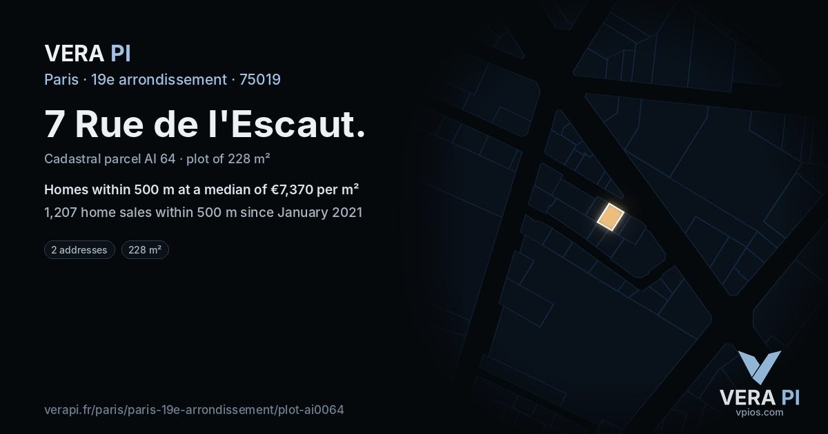 7 Rue de l'Escaut, 19e arrondissement at night – the plot lit, the parcels around coloured by the prices near them