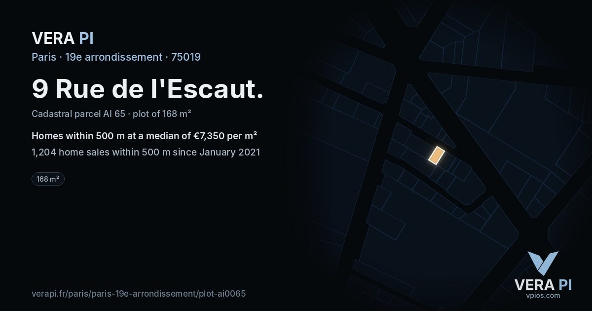 9 Rue de l'Escaut, 19e arrondissement at night – the plot lit, the parcels around coloured by the prices near them