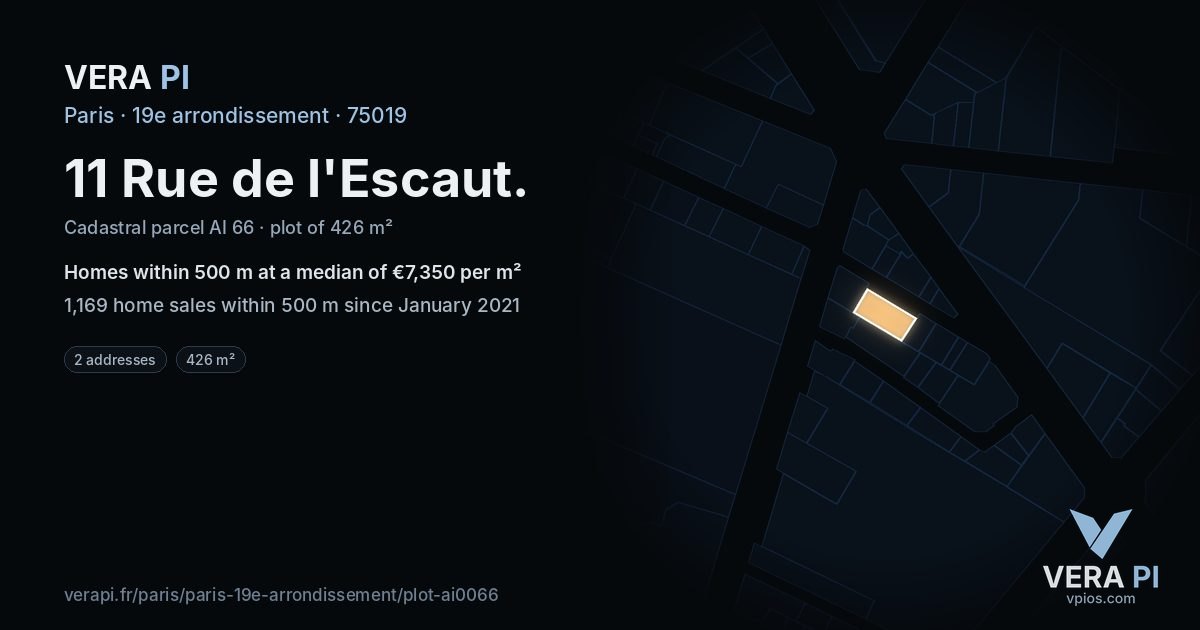 11 Rue de l'Escaut, 19e arrondissement at night – the plot lit, the parcels around coloured by the prices near them