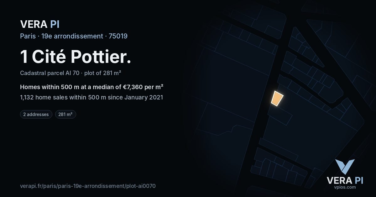 1 Cité Pottier, 19e arrondissement at night – the plot lit, the parcels around coloured by the prices near them
