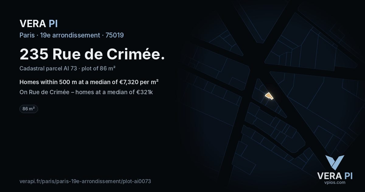 235 Rue de Crimée, 19e arrondissement at night – the plot lit, the parcels around coloured by the prices near them