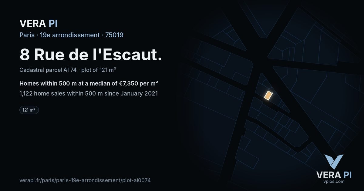 8 Rue de l'Escaut, 19e arrondissement at night – the plot lit, the parcels around coloured by the prices near them