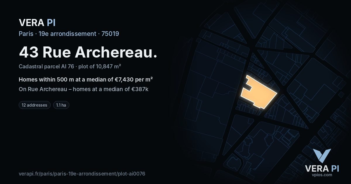 43 Rue Archereau, 19e arrondissement at night – the plot lit, the parcels around coloured by the prices near them