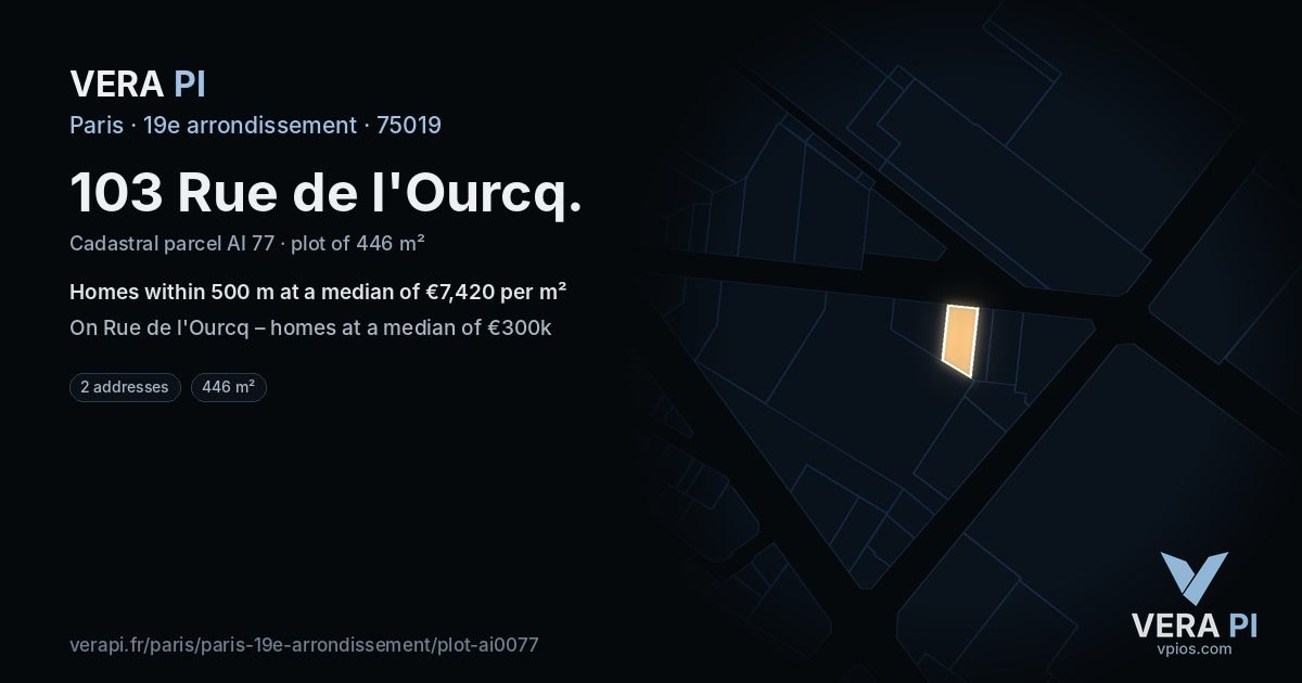 103 Rue de l'Ourcq, 19e arrondissement at night – the plot lit, the parcels around coloured by the prices near them