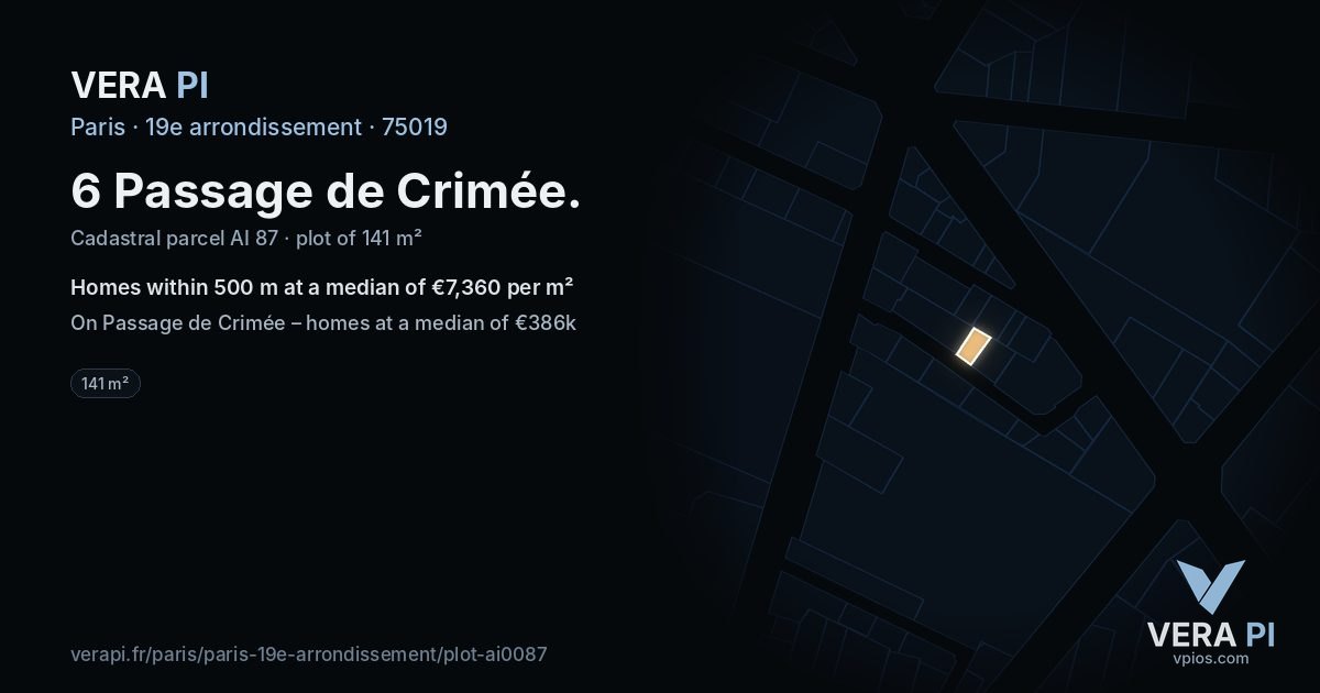 6 Passage de Crimée, 19e arrondissement at night – the plot lit, the parcels around coloured by the prices near them