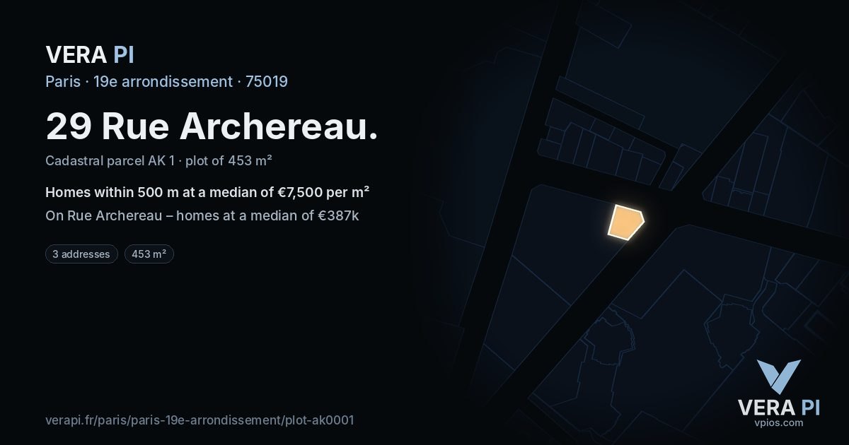 29 Rue Archereau, 19e arrondissement at night – the plot lit, the parcels around coloured by the prices near them