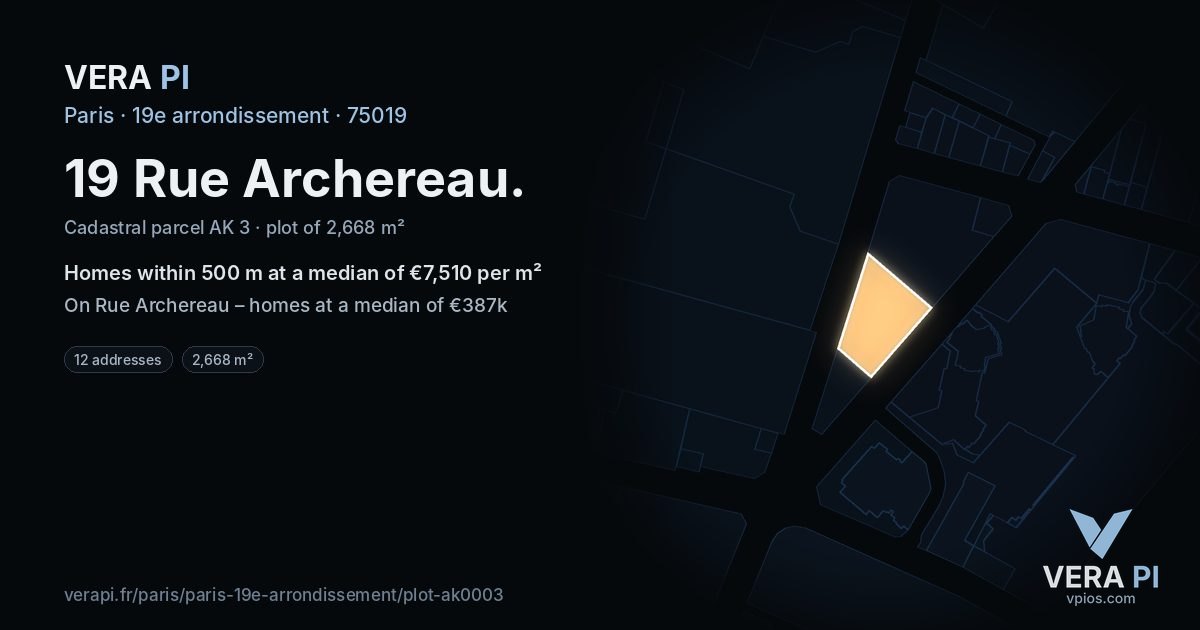 19 Rue Archereau, 19e arrondissement at night – the plot lit, the parcels around coloured by the prices near them
