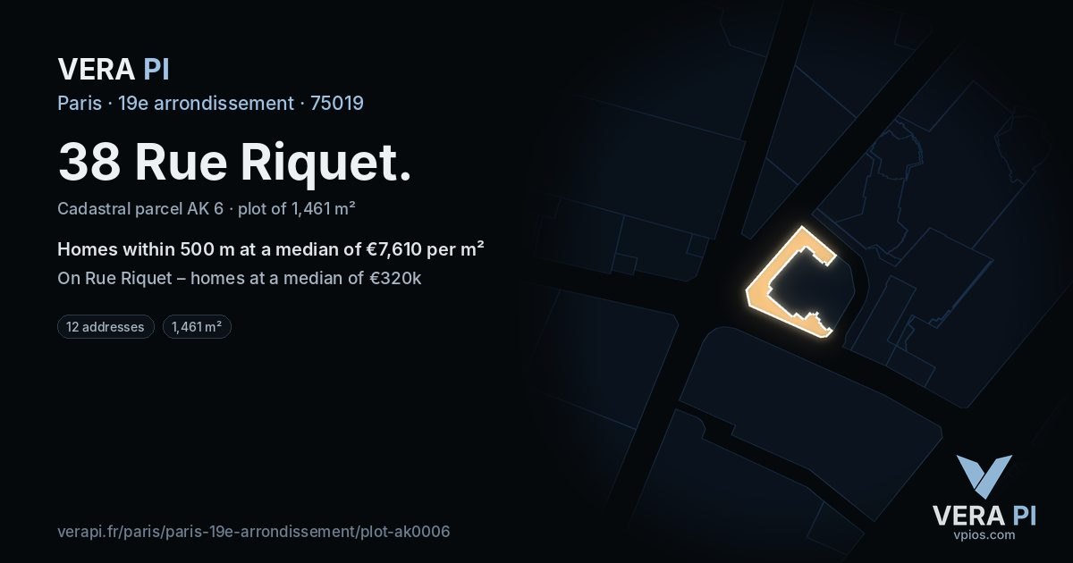 38 Rue Riquet, 19e arrondissement at night – the plot lit, the parcels around coloured by the prices near them