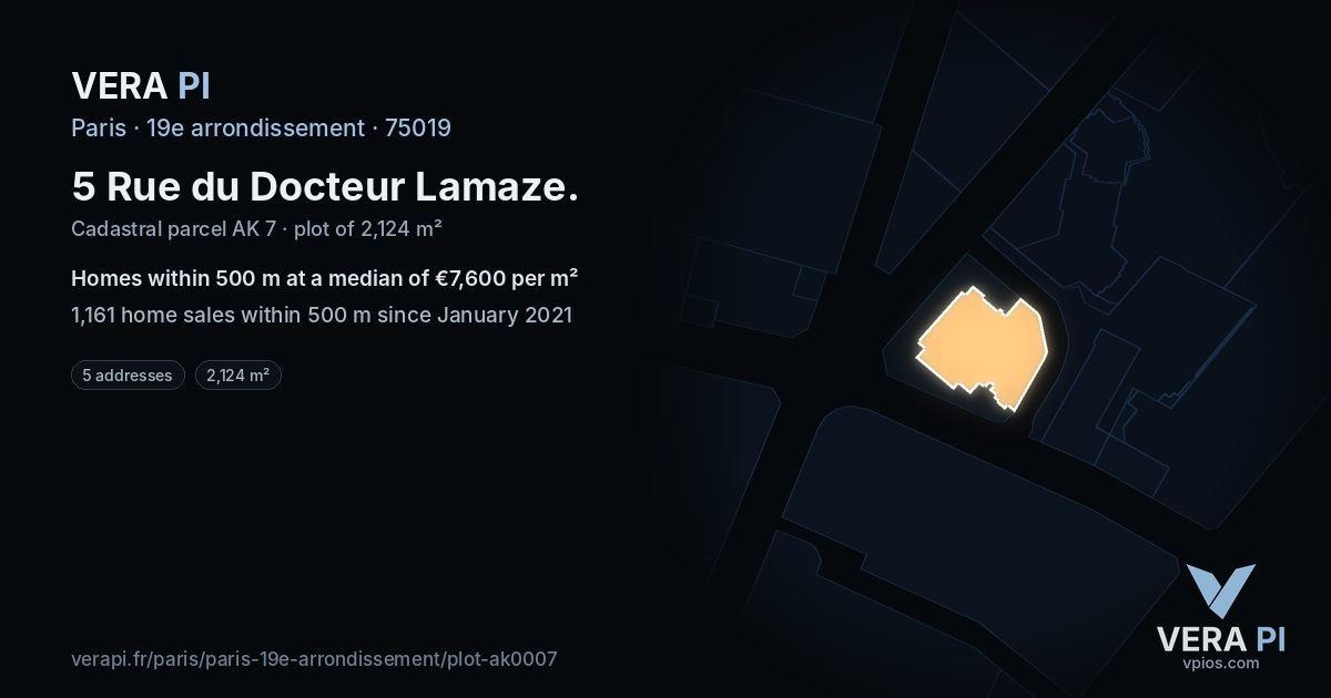 5 Rue du Docteur Lamaze, 19e arrondissement at night – the plot lit, the parcels around coloured by the prices near them