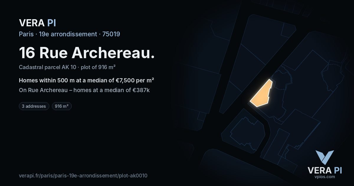 16 Rue Archereau, 19e arrondissement at night – the plot lit, the parcels around coloured by the prices near them