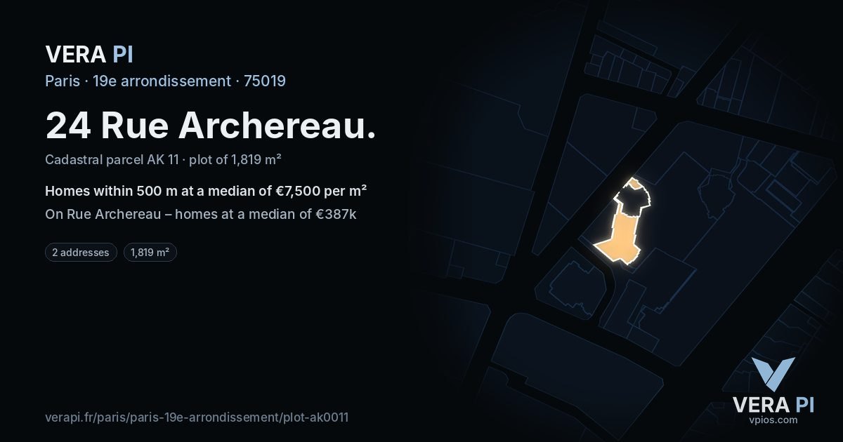 24 Rue Archereau, 19e arrondissement at night – the plot lit, the parcels around coloured by the prices near them