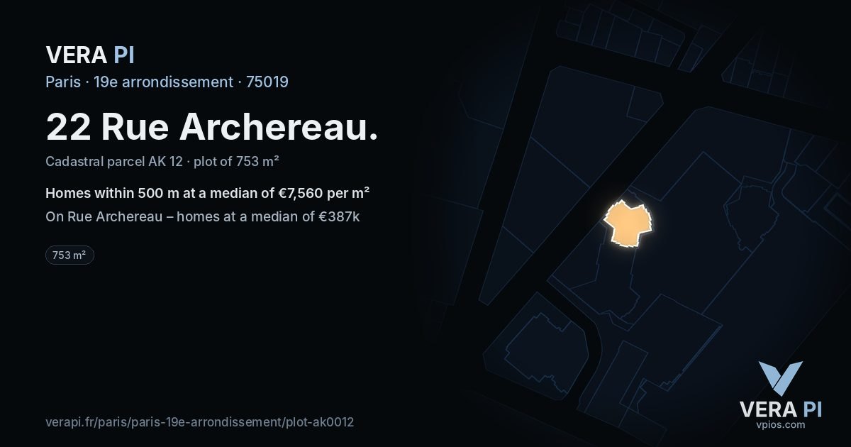 22 Rue Archereau, 19e arrondissement at night – the plot lit, the parcels around coloured by the prices near them
