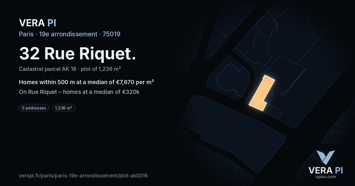 32 Rue Riquet, 19e arrondissement at night – the plot lit, the parcels around coloured by the prices near them