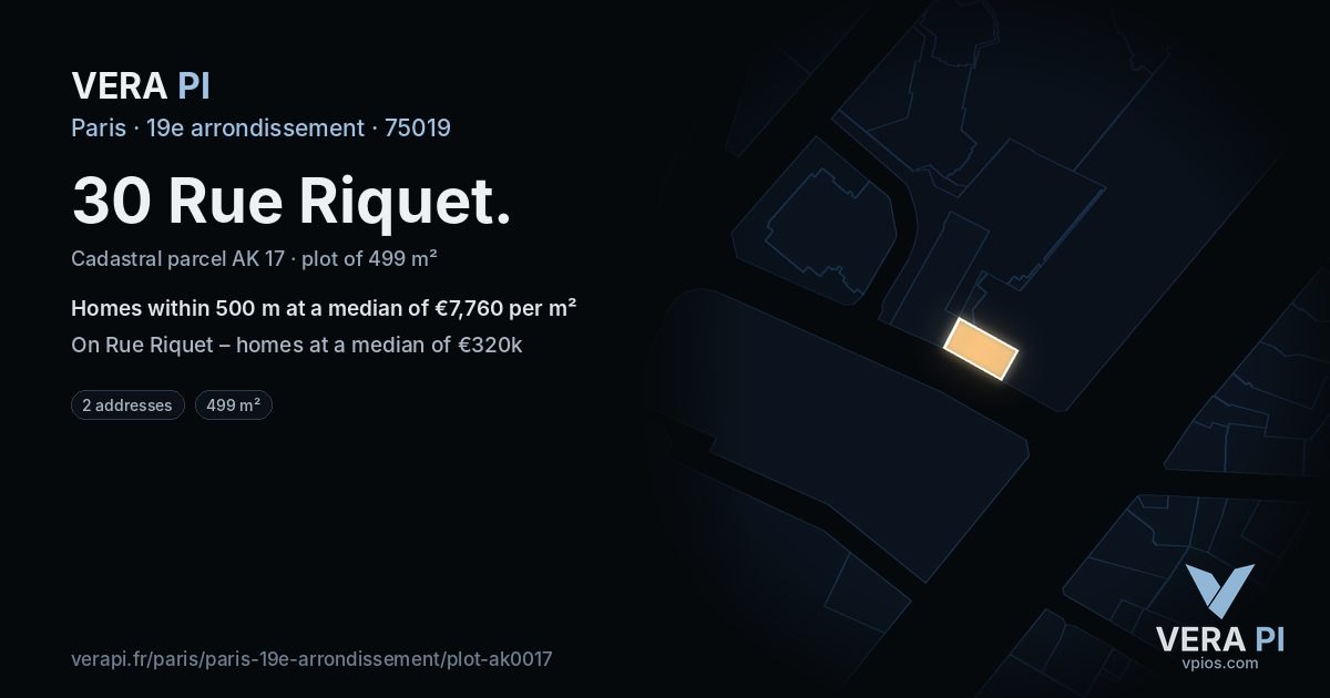 30 Rue Riquet, 19e arrondissement at night – the plot lit, the parcels around coloured by the prices near them