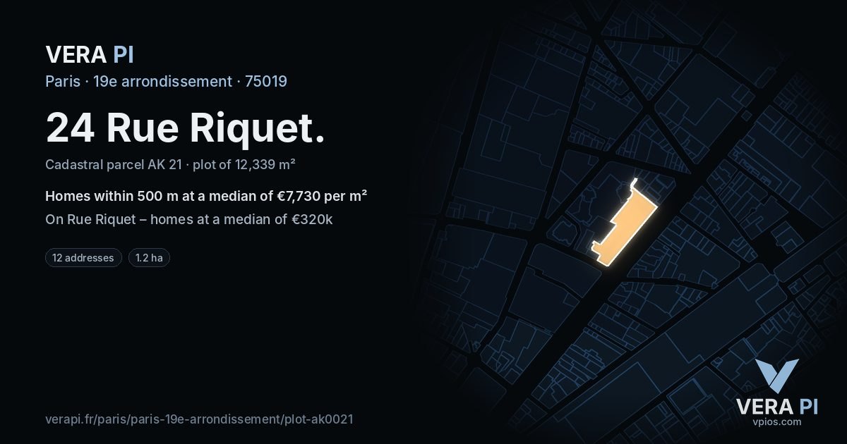 24 Rue Riquet, 19e arrondissement at night – the plot lit, the parcels around coloured by the prices near them