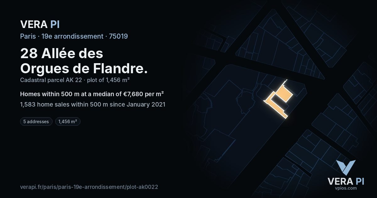 28 Allée des Orgues de Flandre, 19e arrondissement at night – the plot lit, the parcels around coloured by the prices near them