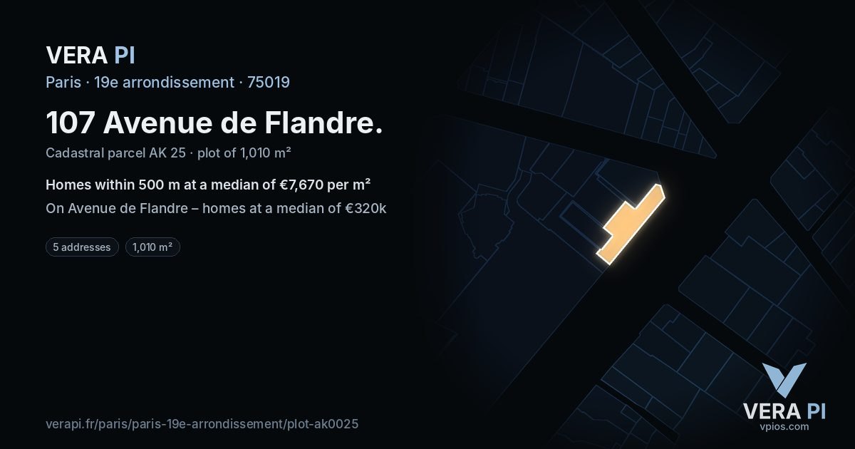 107 Avenue de Flandre, 19e arrondissement at night – the plot lit, the parcels around coloured by the prices near them