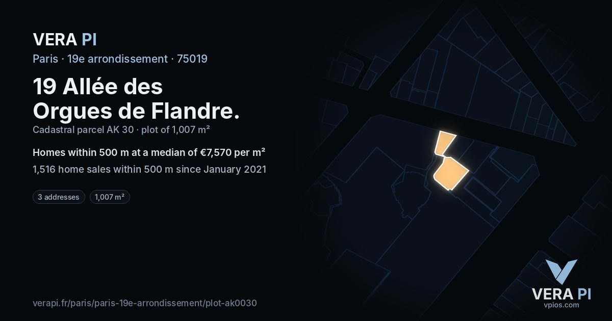 19 Allée des Orgues de Flandre, 19e arrondissement at night – the plot lit, the parcels around coloured by the prices near them