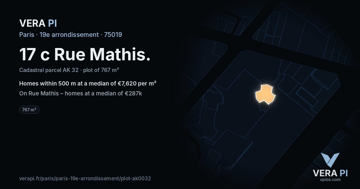 17 c Rue Mathis, 19e arrondissement at night – the plot lit, the parcels around coloured by the prices near them