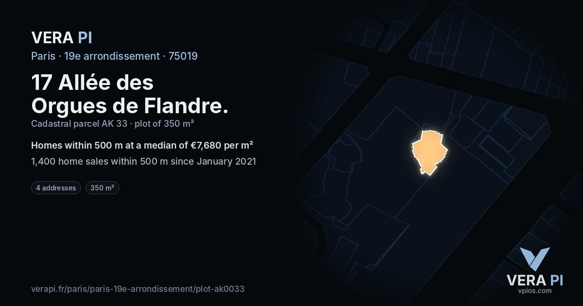 17 Allée des Orgues de Flandre, 19e arrondissement at night – the plot lit, the parcels around coloured by the prices near them