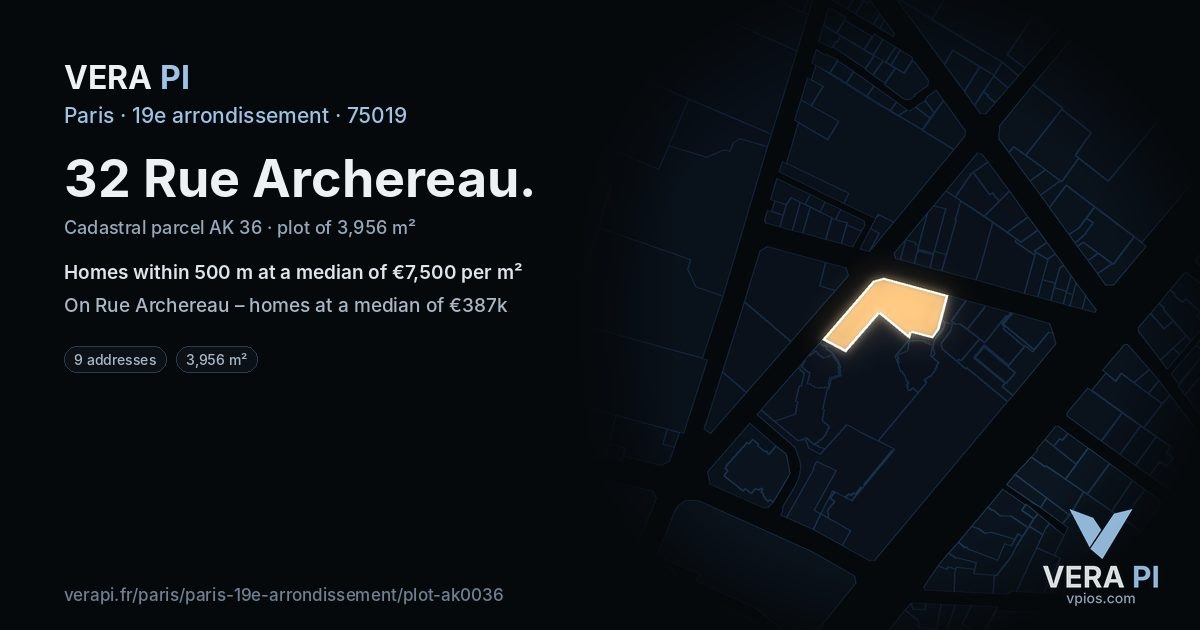 32 Rue Archereau, 19e arrondissement at night – the plot lit, the parcels around coloured by the prices near them