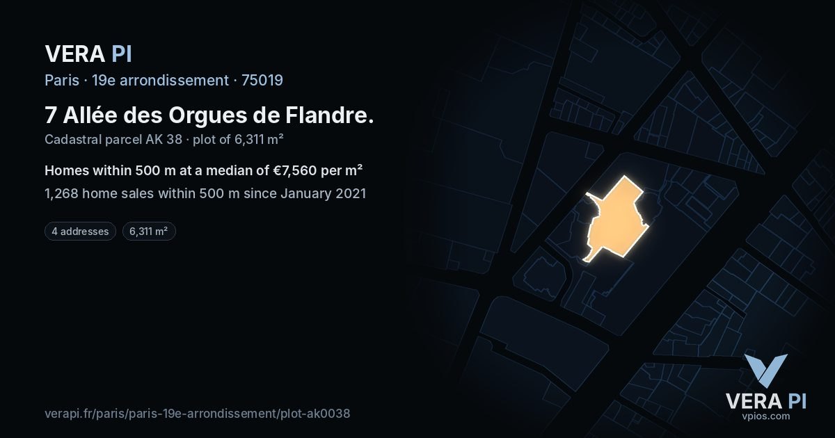 7 Allée des Orgues de Flandre, 19e arrondissement at night – the plot lit, the parcels around coloured by the prices near them