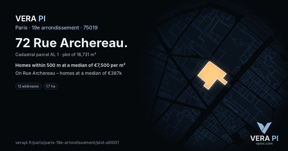 72 Rue Archereau, 19e arrondissement at night – the plot lit, the parcels around coloured by the prices near them