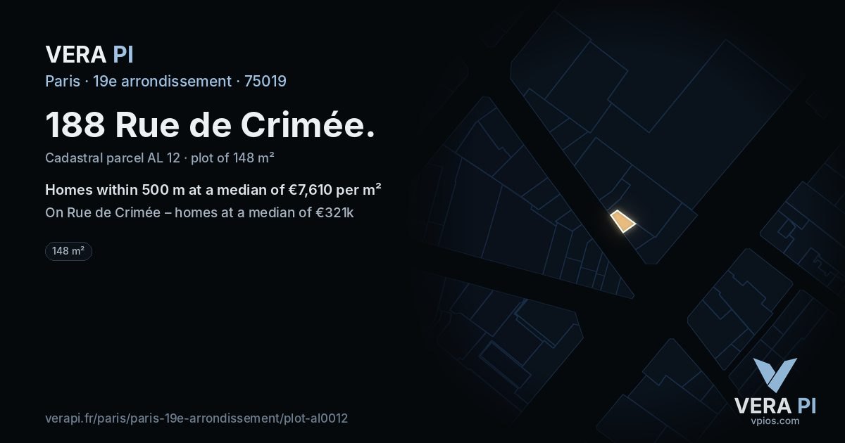 188 Rue de Crimée, 19e arrondissement at night – the plot lit, the parcels around coloured by the prices near them