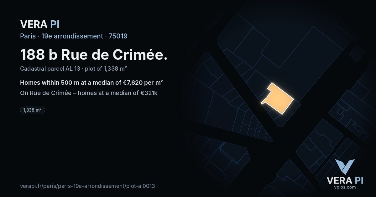 188 b Rue de Crimée, 19e arrondissement at night – the plot lit, the parcels around coloured by the prices near them