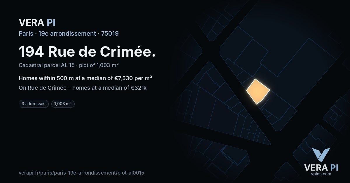 194 Rue de Crimée, 19e arrondissement at night – the plot lit, the parcels around coloured by the prices near them