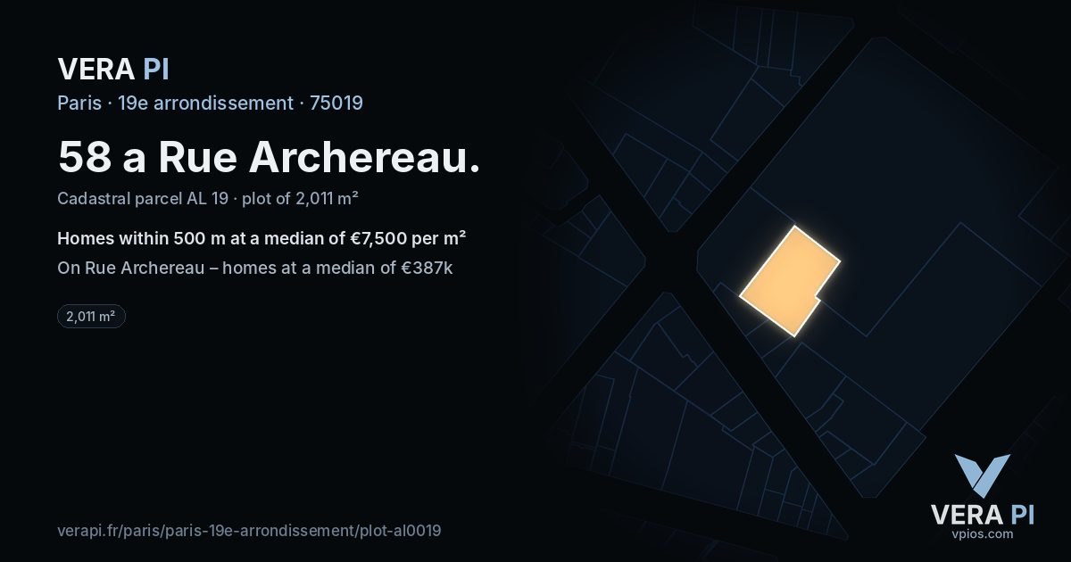 58 a Rue Archereau, 19e arrondissement at night – the plot lit, the parcels around coloured by the prices near them