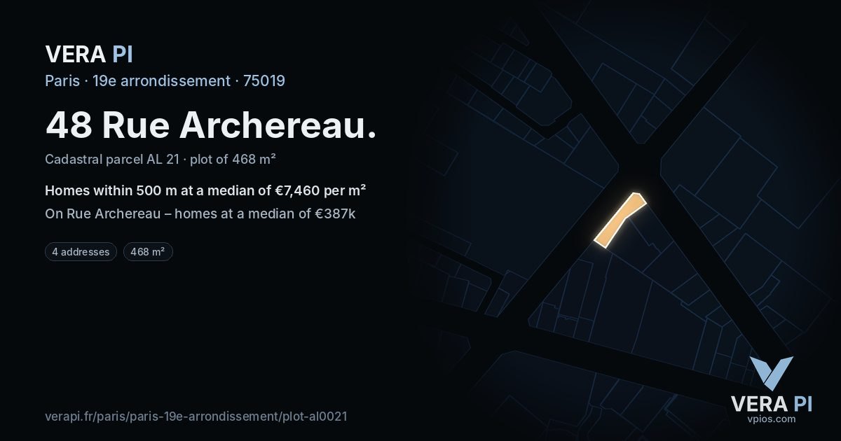 48 Rue Archereau, 19e arrondissement at night – the plot lit, the parcels around coloured by the prices near them
